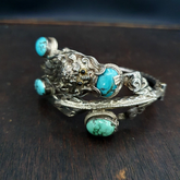 BIG MEN'S VINTAGE Natural Turquoise 925 Sterling Silver Dragon Engraved Bangle